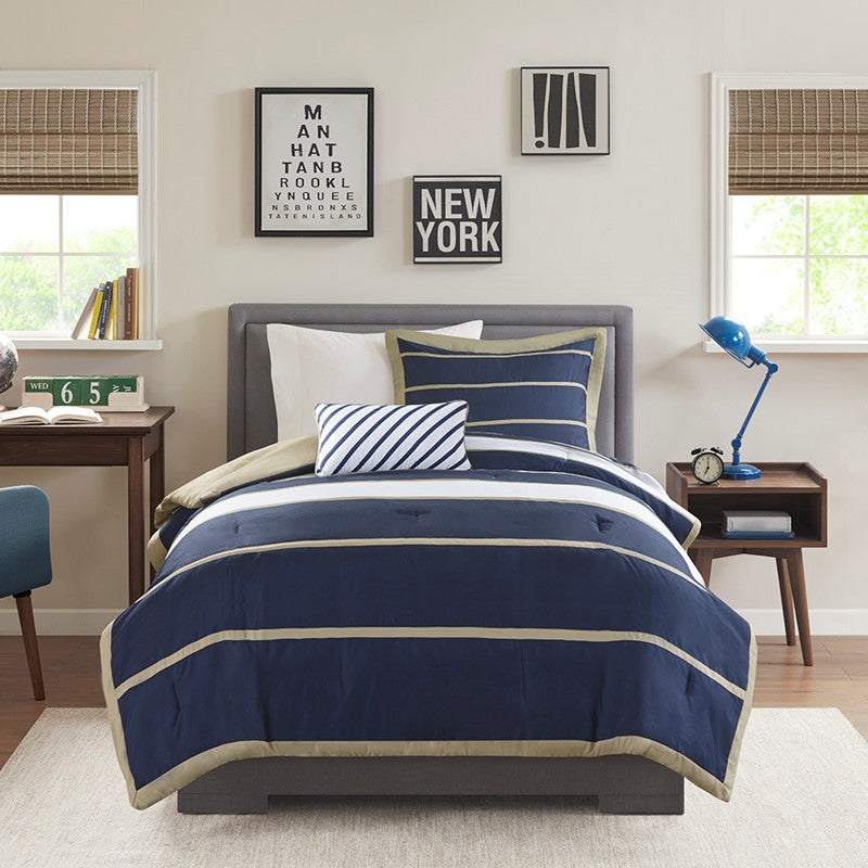 Navy Khaki Stripe 4PC Comforter Set - Nautical Comforters