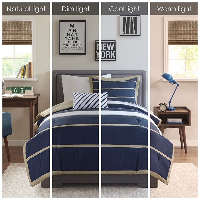Navy Khaki Stripe 4PC Comforter Set - Nautical Comforters