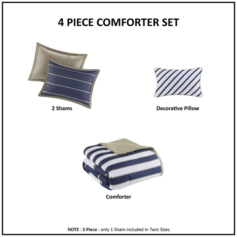 Navy Khaki Stripe 4PC Comforter Set - Nautical Comforters