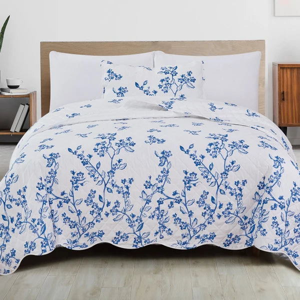 Coastal Floral Blue And White Quilt Set With Scalloped Edges - Lightweight Microfiber