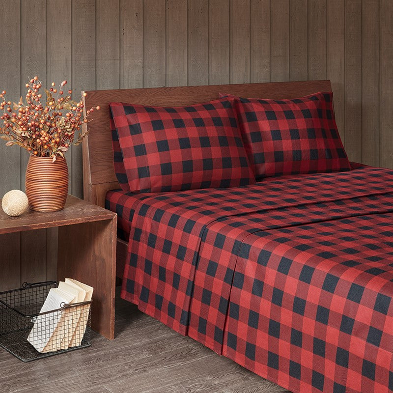 Woolrich 100% Cotton Printed Flannel Sheet Set - Red/Black Buffalo Check