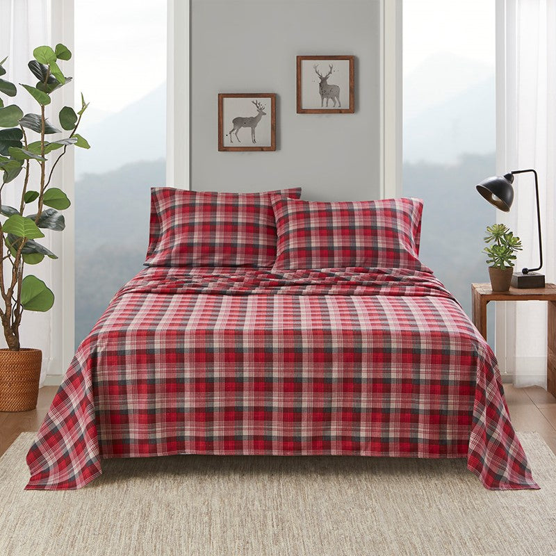 Woolrich 100% Cotton Printed Flannel Sheet Set - Red Plaid