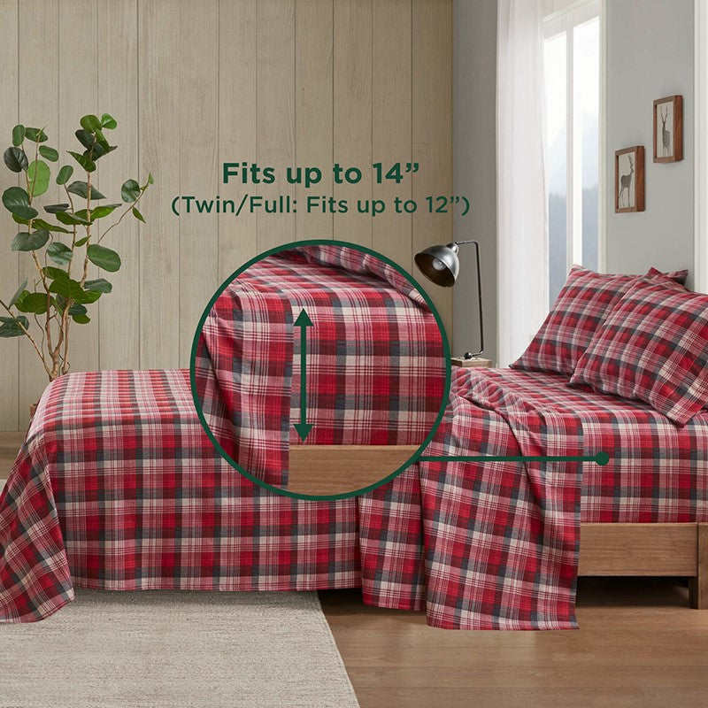 Woolrich 100% Cotton Printed Flannel Sheet Set - Red Plaid