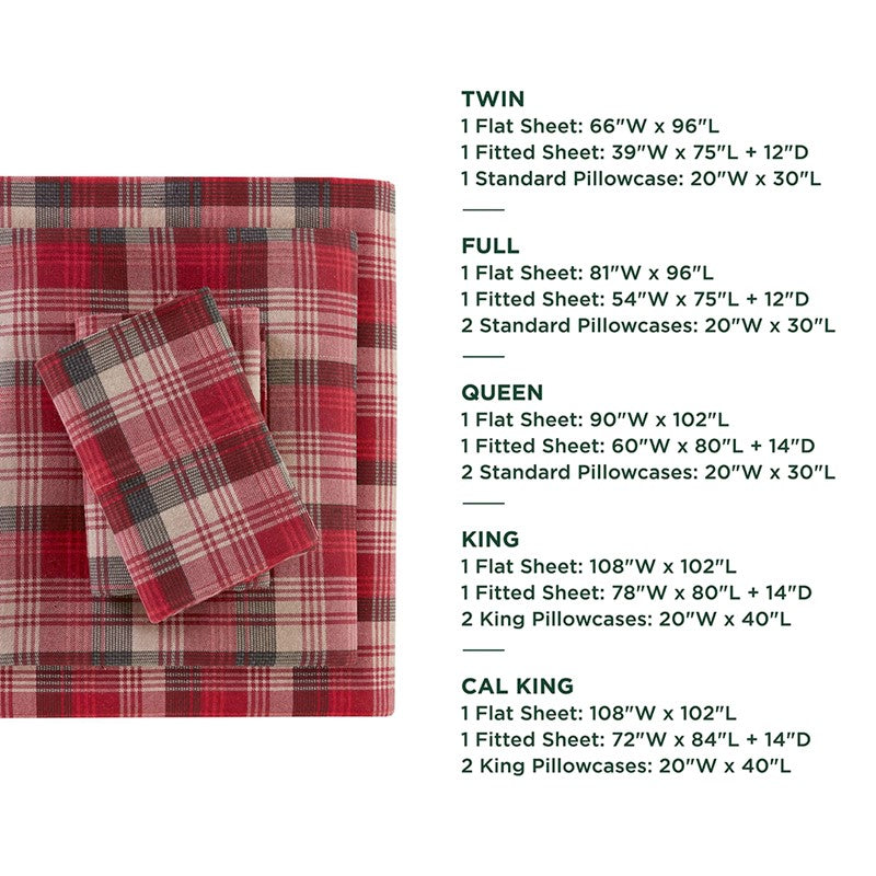 Woolrich 100% Cotton Printed Flannel Sheet Set - Red Plaid