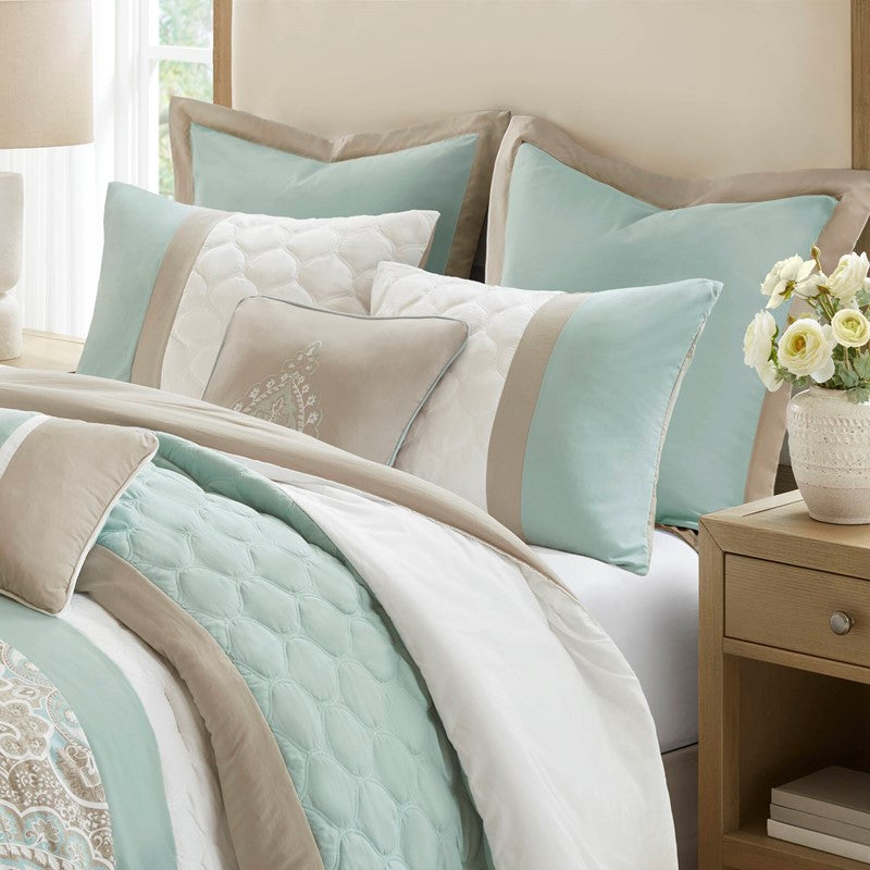 Embroidered Medallion Comforter Set - Seafoam Medallion Bedding Set - 8PC