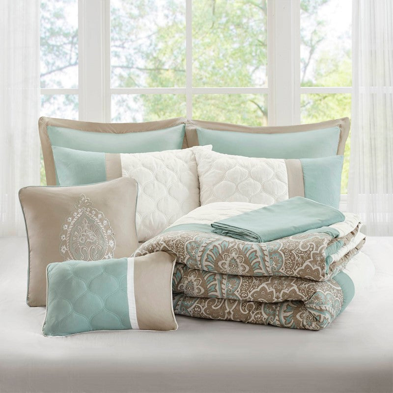 Embroidered Medallion Comforter Set - Seafoam Medallion Bedding Set - 8PC