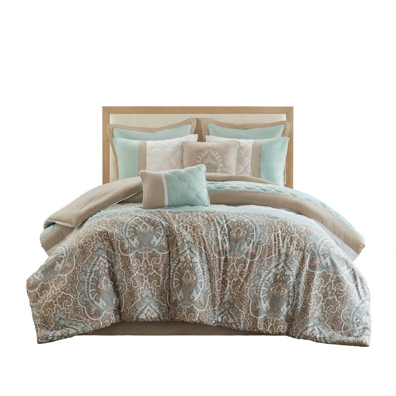 Embroidered Medallion Comforter Set - Seafoam Medallion Bedding Set - 8PC