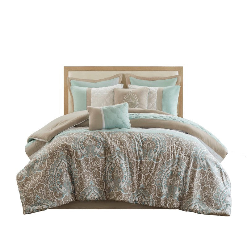 Embroidered Medallion Comforter Set - Seafoam Medallion Bedding Set - 8PC