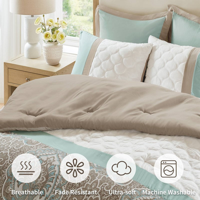 Embroidered Medallion Comforter Set - Seafoam Medallion Bedding Set - 8PC