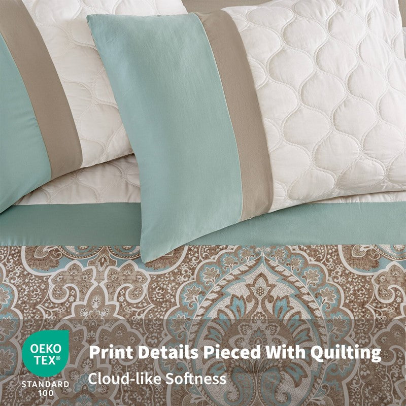 Embroidered Medallion Comforter Set - Seafoam Medallion Bedding Set - 8PC
