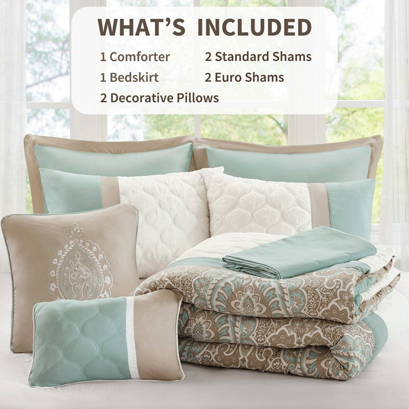Embroidered Medallion Comforter Set - Seafoam Medallion Bedding Set - 8PC