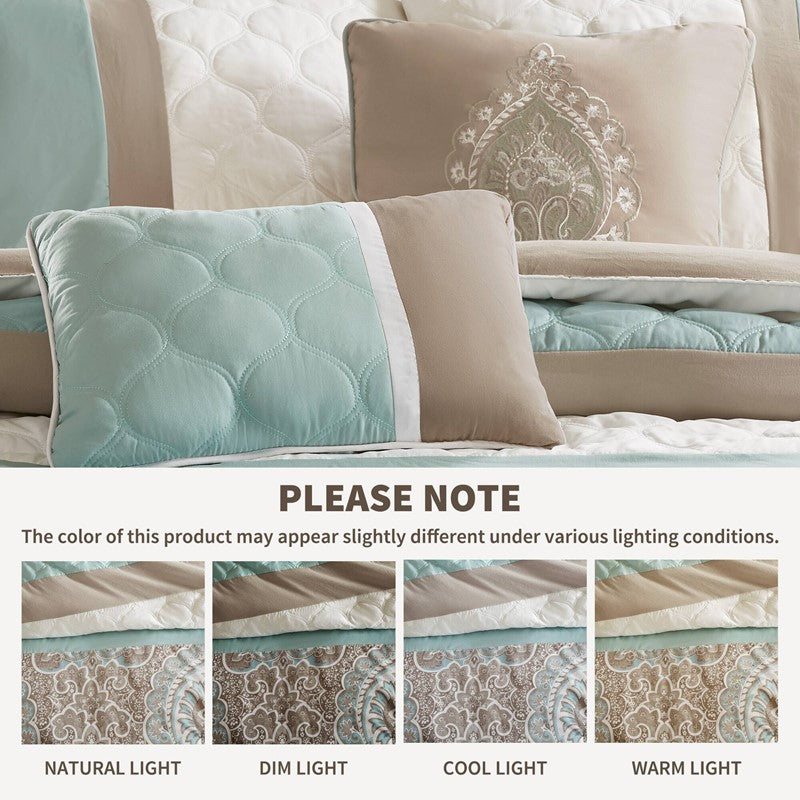 Embroidered Medallion Comforter Set - Seafoam Medallion Bedding Set - 8PC
