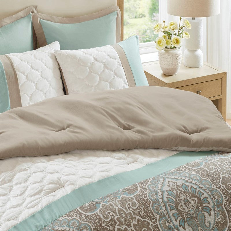 Embroidered Medallion Comforter Set - Seafoam Medallion Bedding Set - 8PC
