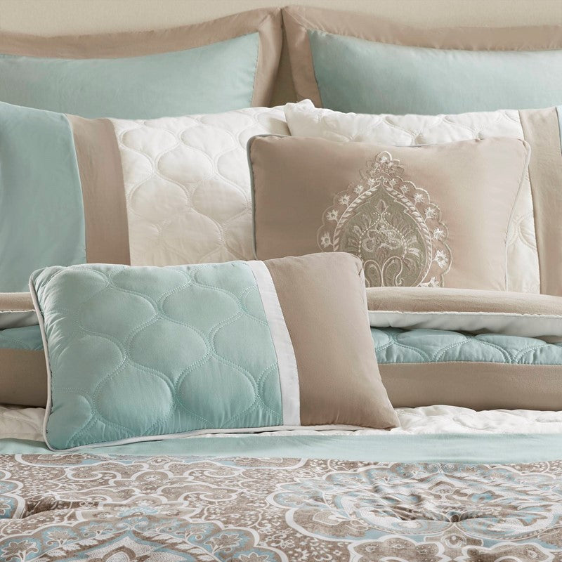 Embroidered Medallion Comforter Set - Seafoam Medallion Bedding Set - 8PC