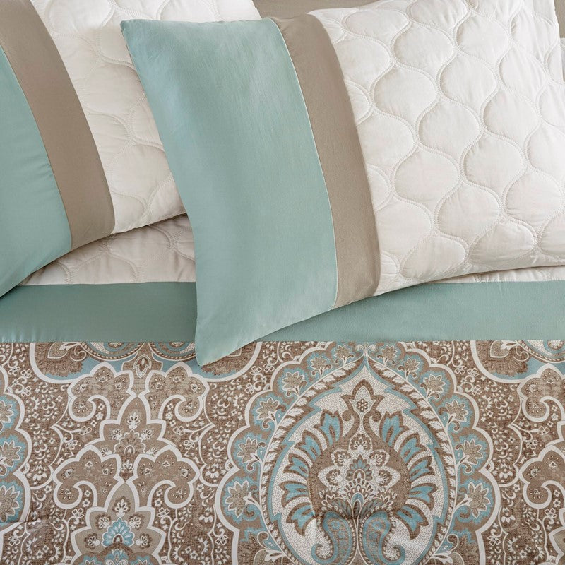 Embroidered Medallion Comforter Set - Seafoam Medallion Bedding Set - 8PC
