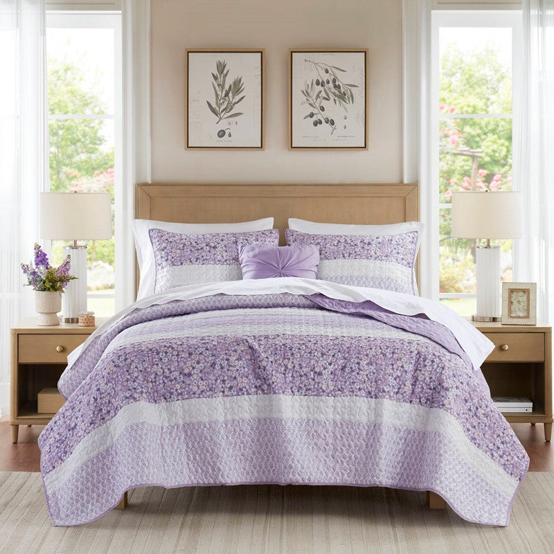 Coastal Floral Quilt Set - Shabby Chic Seersucker - Purple