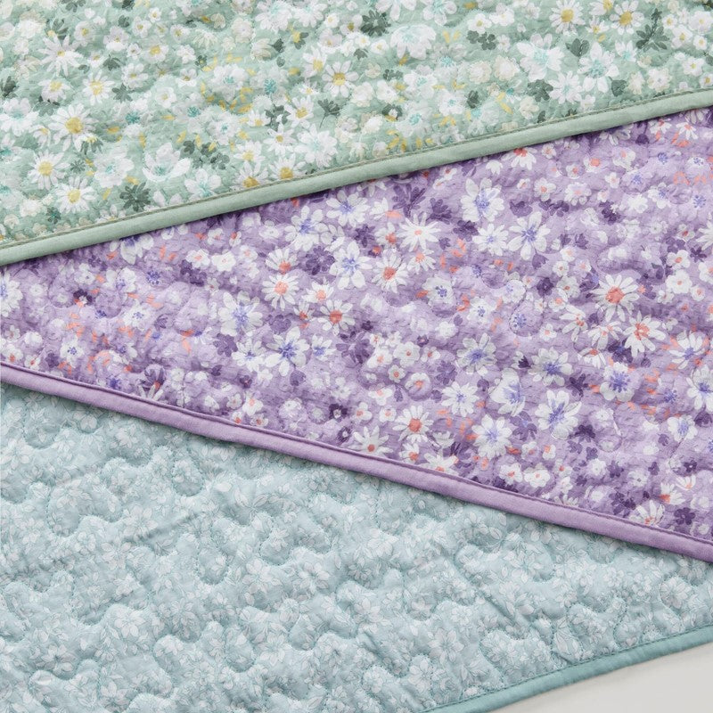 Coastal Floral Quilt Set - Shabby Chic Seersucker - Purple
