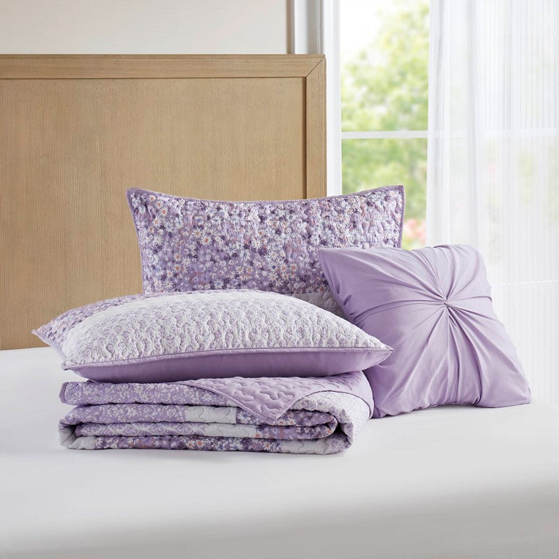 Coastal Floral Quilt Set - Shabby Chic Seersucker - Purple