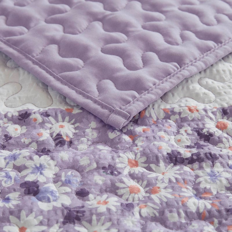 Coastal Floral Quilt Set - Shabby Chic Seersucker - Purple