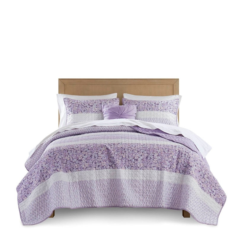 Coastal Floral Quilt Set - Shabby Chic Seersucker - Purple