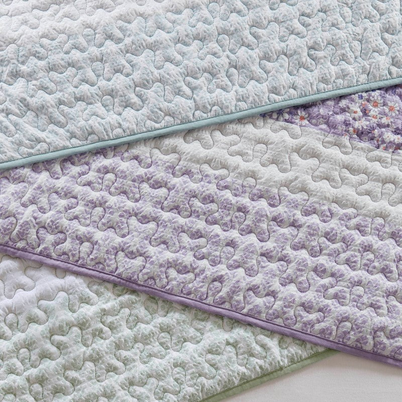 Coastal Floral Quilt Set - Shabby Chic Seersucker - Purple