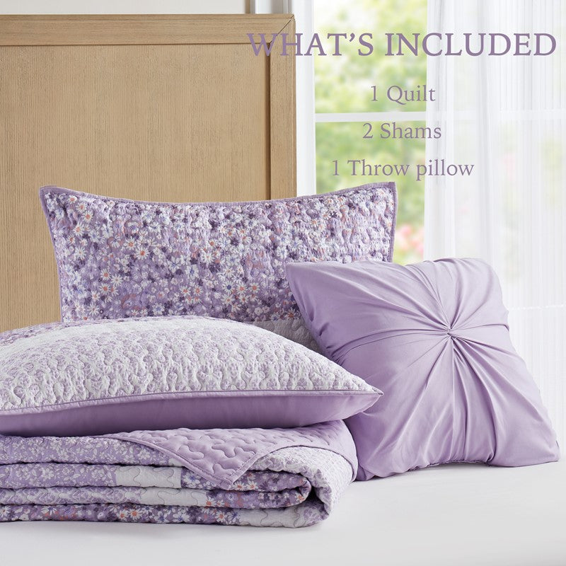 Coastal Floral Quilt Set - Shabby Chic Seersucker - Purple