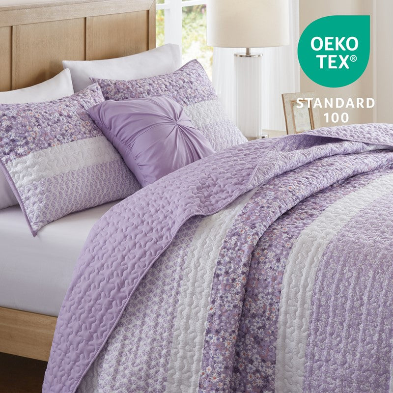 Coastal Floral Quilt Set - Shabby Chic Seersucker - Purple