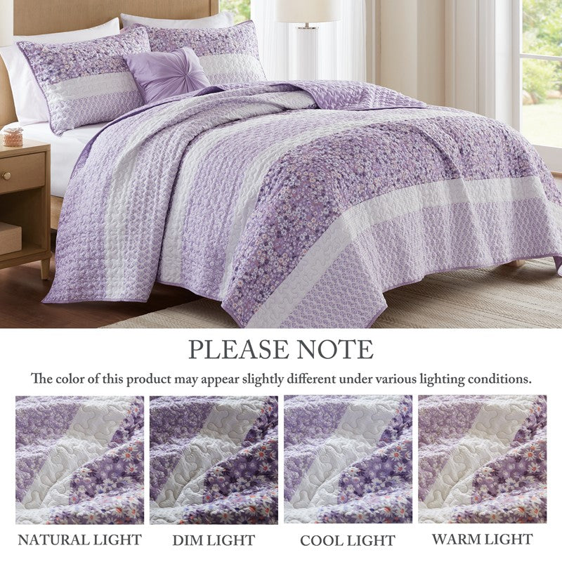 Coastal Floral Quilt Set - Shabby Chic Seersucker - Purple