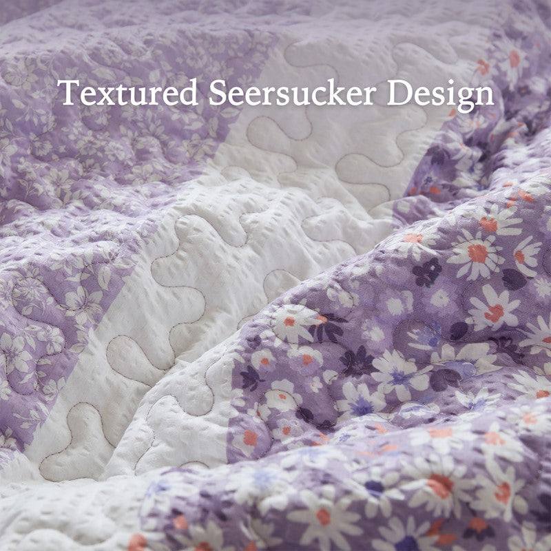 Coastal Floral Quilt Set - Shabby Chic Seersucker - Purple