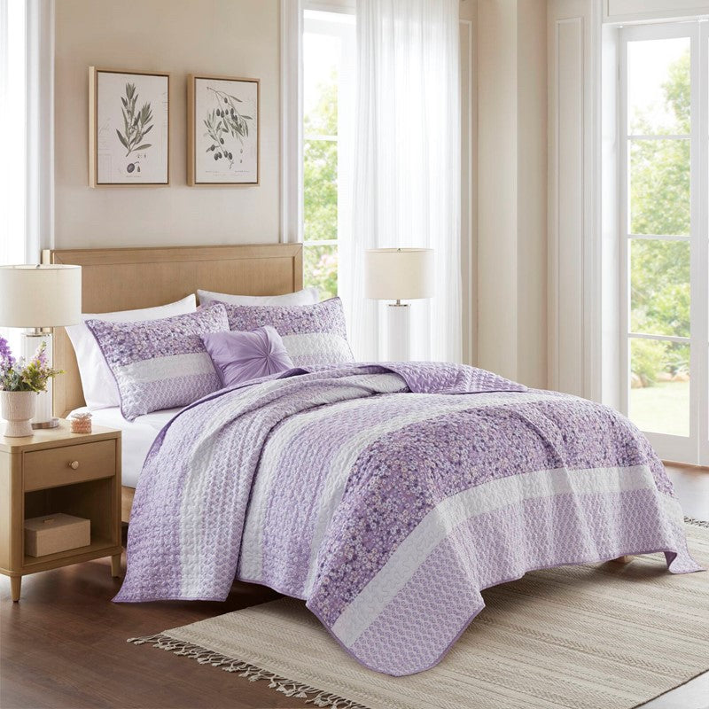 Coastal Floral Quilt Set - Shabby Chic Seersucker - Purple
