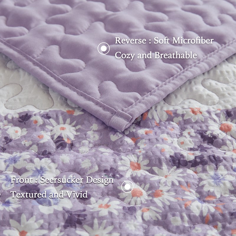 Coastal Floral Quilt Set - Shabby Chic Seersucker - Purple