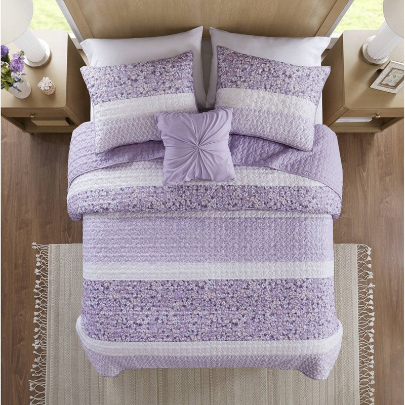Coastal Floral Quilt Set - Shabby Chic Seersucker - Purple