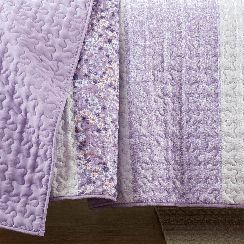 Coastal Floral Quilt Set - Shabby Chic Seersucker - Purple
