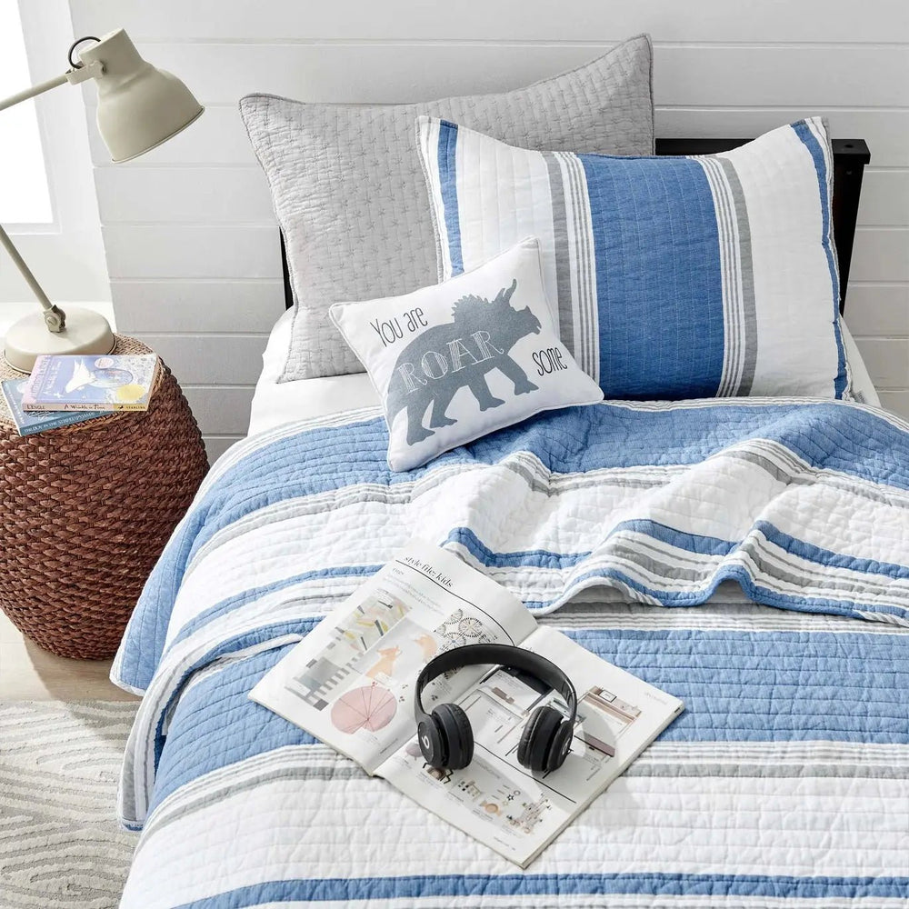 Ocean-Inspired Quilt Set: St. Bart - Soft Cotton, Blue/Grey/White Stripes- Sizes Twin to King - Quahog Bay Bedding
