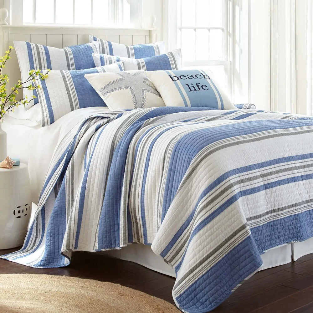 Ocean-Inspired Quilt Set: St. Bart - Soft Cotton, Blue/Grey/White Stripes- Sizes Twin to King - Quahog Bay Bedding