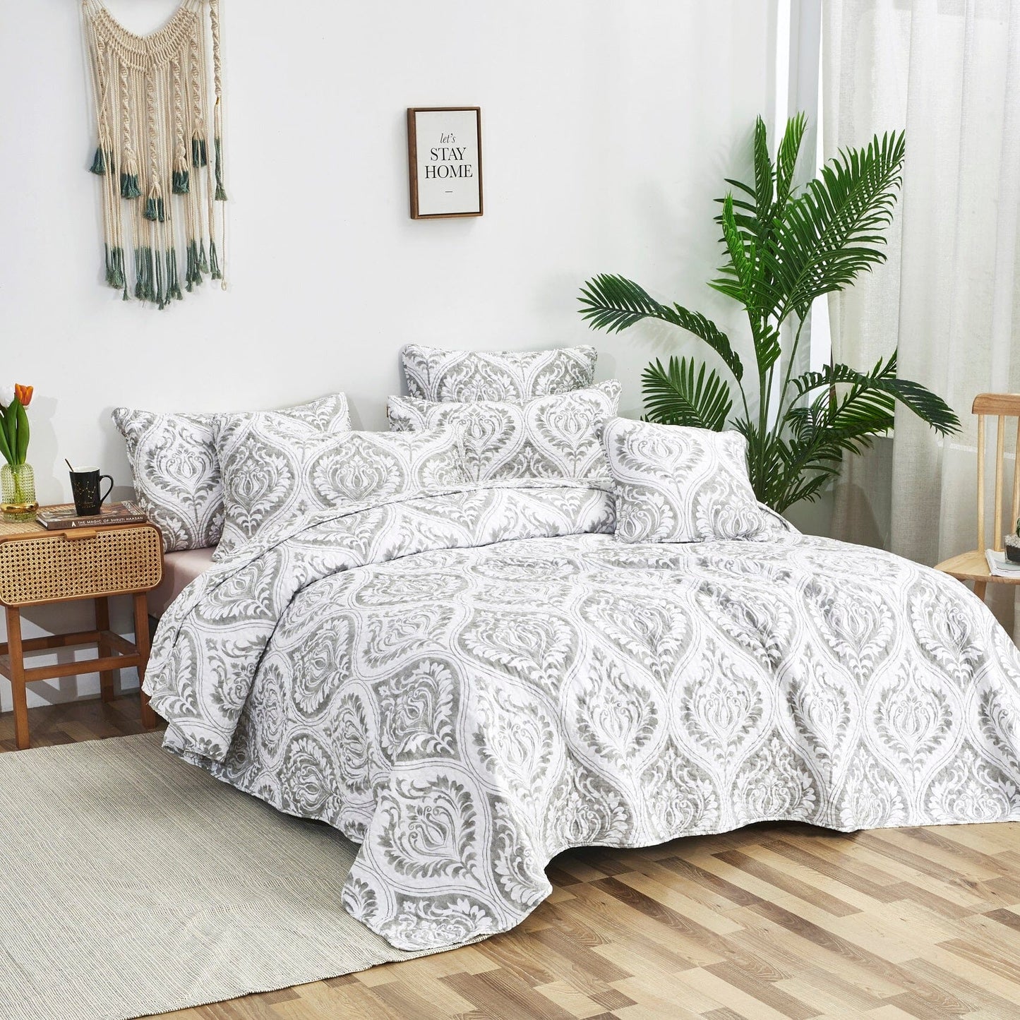 Tache Dreamy Moon Sky Ogee Damask Heather Grey White Quilt Set (TB300) - Tache Home Fashion