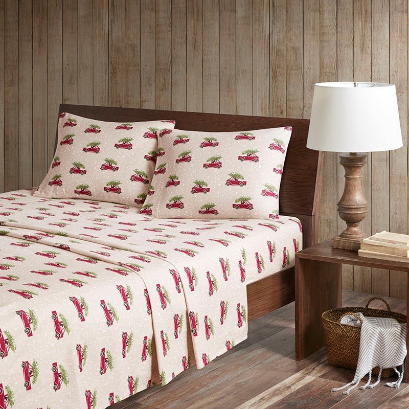 Woolrich 100% Cotton Printed Flannel Sheet Set - Tan Cars - Quahog Bay Bedding