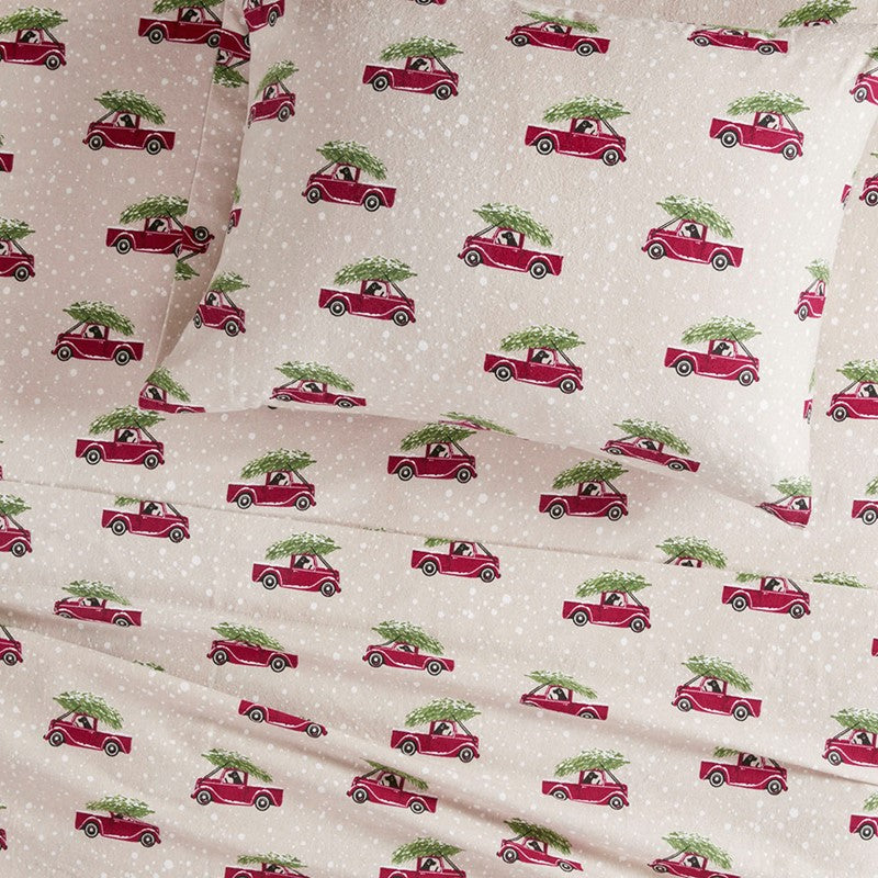 Woolrich 100% Cotton Printed Flannel Sheet Set - Tan Cars