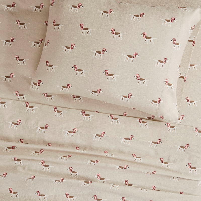 Woolrich 100% Cotton Printed Flannel Sheet Set - Tan Dogs