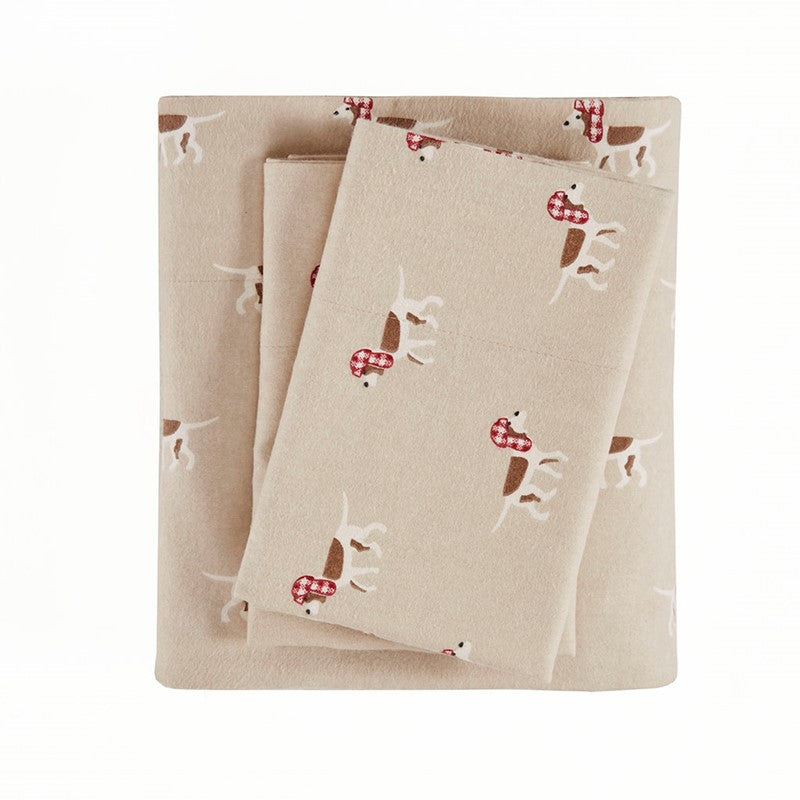 Woolrich 100% Cotton Printed Flannel Sheet Set - Tan Dogs