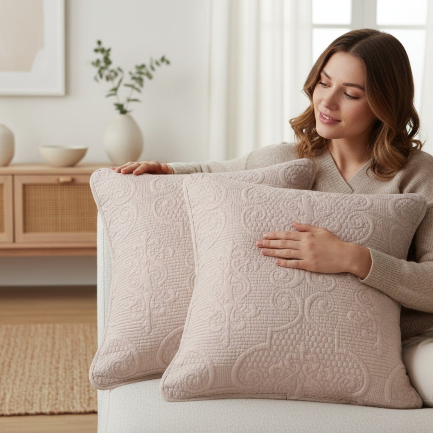 Sandy Beige Taupe Square Throw Pillow Covers, 18" x 18"