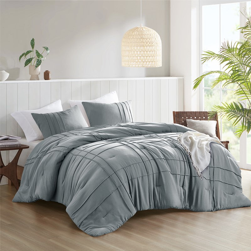 Walker Soft Washed Pleated Comforter Set - Blue/Grey