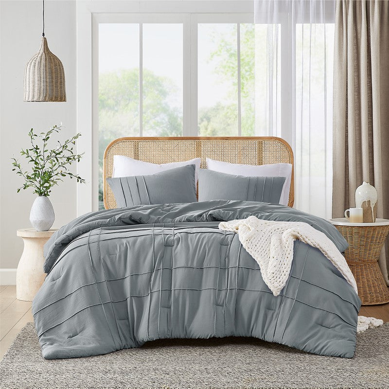Walker Soft Washed Pleated Comforter Set - Blue/Grey