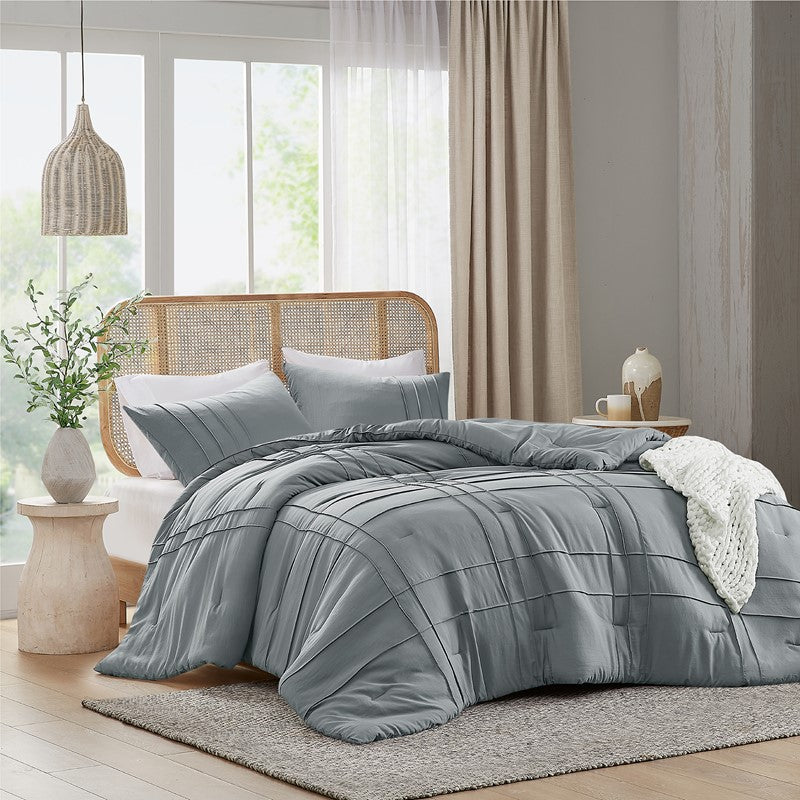 Walker Soft Washed Pleated Comforter Set - Blue/Grey