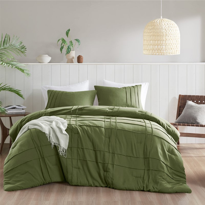 Walker Soft Washed Pleated Comforter Set - Olive Green