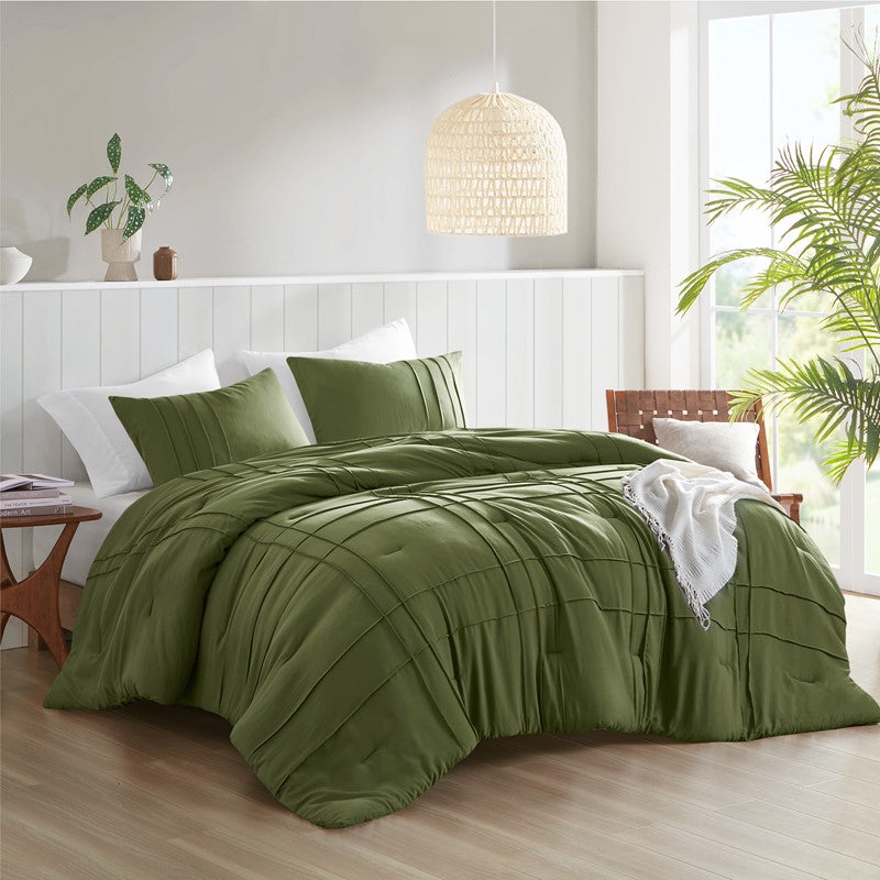Walker Soft Washed Pleated Comforter Set - Olive Green