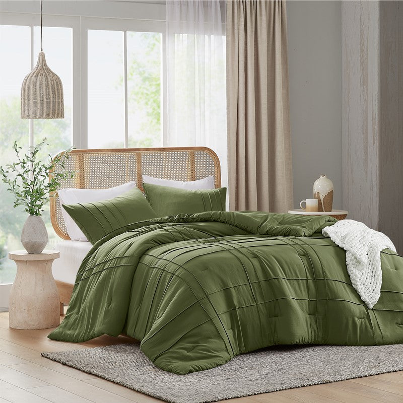 Walker Soft Washed Pleated Comforter Set - Olive Green