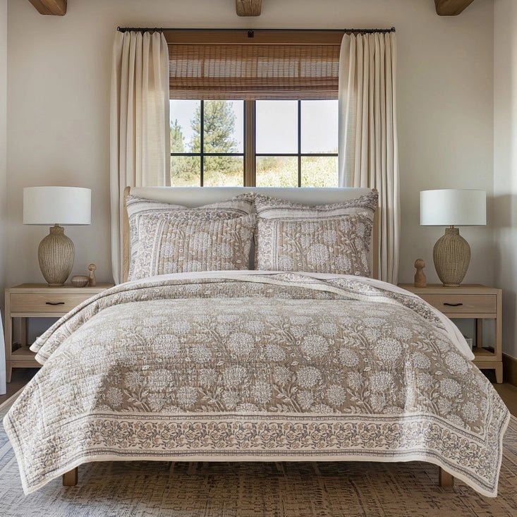 Adare Coastal Floral Quilt Set - Taupe - Quahog Bay Bedding