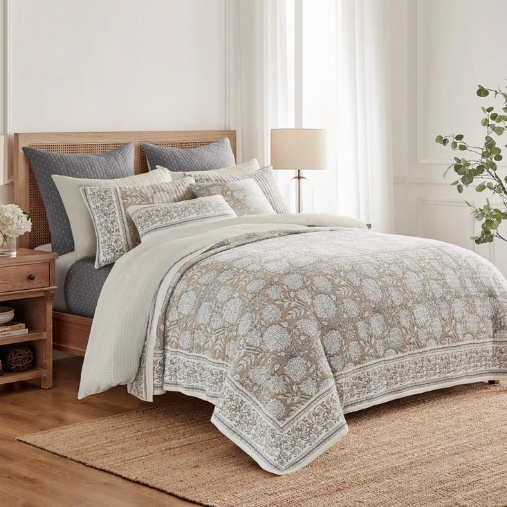Adare Coastal Floral Quilt Set - Taupe - Quahog Bay Bedding