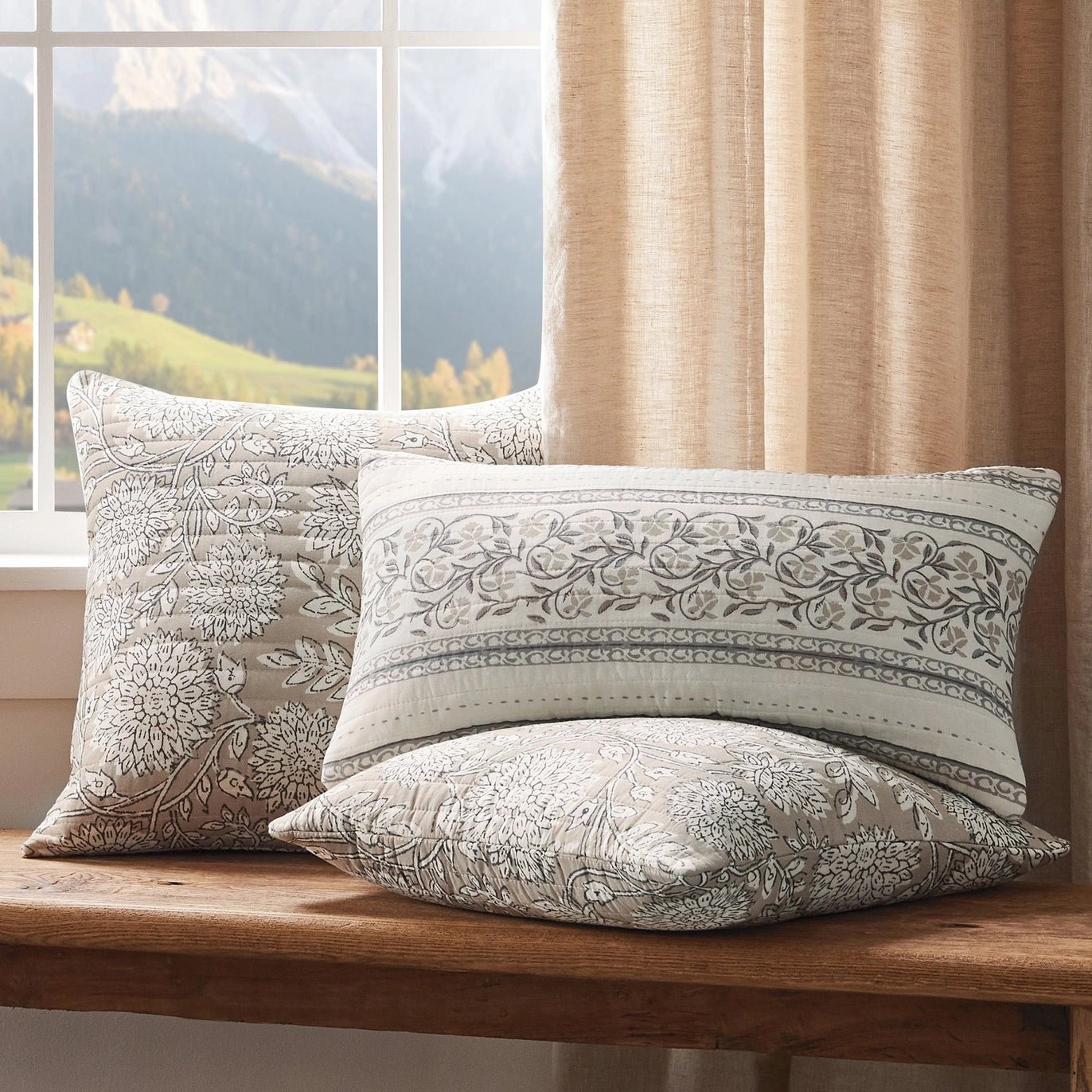 Adare Taupe Quilted Rectangle Pillow Floral Pillow - Quahog Bay Bedding